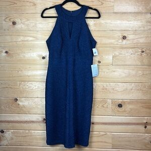 Eliza J Womens 10 Halter Neck Sheath Dress Navy Blue Metallic Stripe Cutout NWT